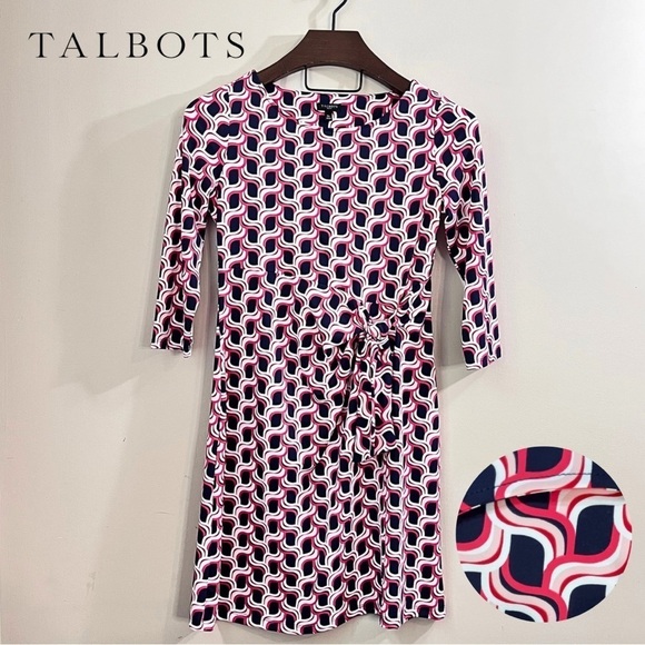 Talbots 3/4 Sleeve Tie Waist Print Dress - Picture 1 of 13